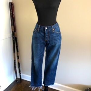 Levi’s 501 CT distressed frayed hem dark denim jeans button fly 27 25 cropped